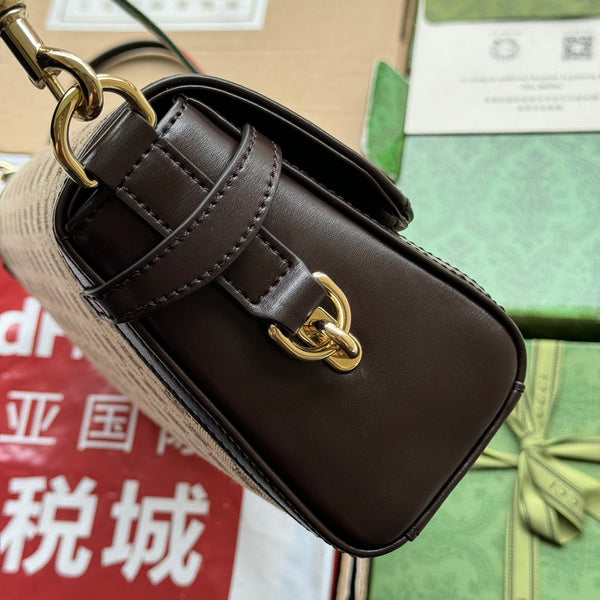 BORSA A SPALLA LUCE MEDIA 36 IN TELA BEIGE E BORDI IN PELLE DI VITELLO MARRONE SCURO, FERRAMENTA ORO