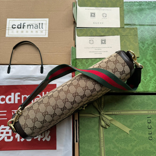 BORSA A SPALLA LUCE MEDIA 36 IN TELA BEIGE E BORDI IN PELLE DI VITELLO MARRONE SCURO, FERRAMENTA ORO