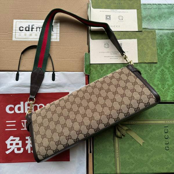 BORSA A SPALLA LUCE MEDIA 36 IN TELA BEIGE E BORDI IN PELLE DI VITELLO MARRONE SCURO, FERRAMENTA ORO