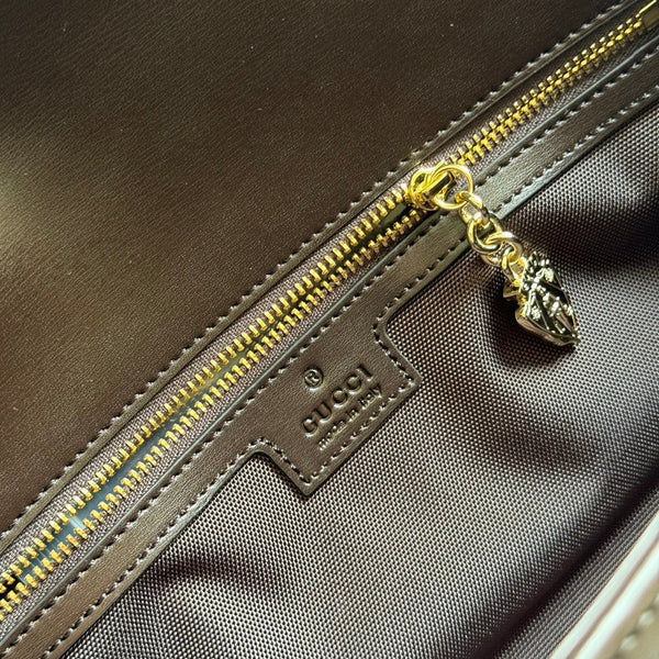 BORSA A SPALLA LUCE MEDIA 36 IN TELA BEIGE E BORDI IN PELLE DI VITELLO MARRONE SCURO, FERRAMENTA ORO