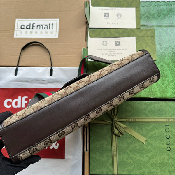 BORSA A SPALLA LUCE MEDIA 36 IN TELA BEIGE E BORDI IN PELLE DI VITELLO MARRONE SCURO, FERRAMENTA ORO