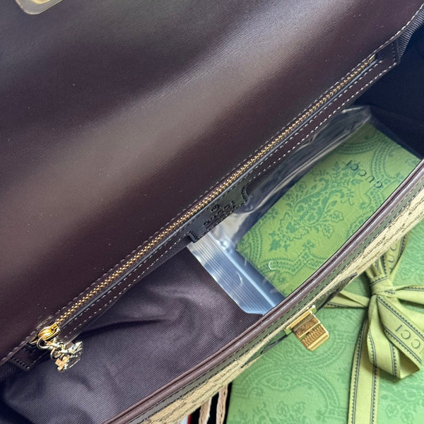 BORSA A SPALLA LUCE MEDIA 36 IN TELA BEIGE E BORDI IN PELLE DI VITELLO MARRONE SCURO, FERRAMENTA ORO