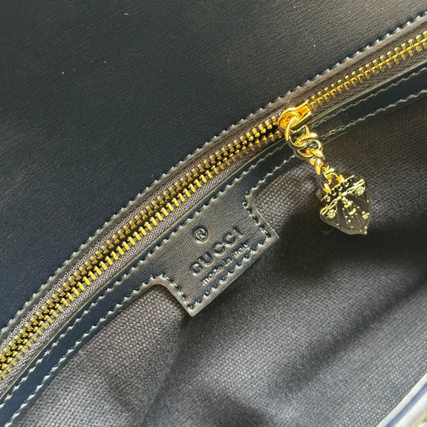 BORSA A TRACOLLA LUCE MEDIA 36 IN TELA GRIGIO CHIARO E BORDI IN PELLE DI VITELLO NERA, FERRAMENTA ORO