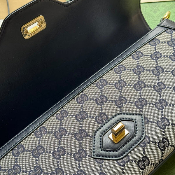 BORSA A TRACOLLA LUCE MEDIA 36 IN TELA GRIGIO CHIARO E BORDI IN PELLE DI VITELLO NERA, FERRAMENTA ORO