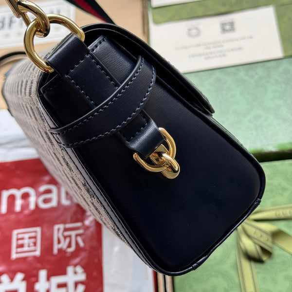 BORSA A TRACOLLA LUCE MEDIA 36 IN TELA GRIGIO CHIARO E BORDI IN PELLE DI VITELLO NERA, FERRAMENTA ORO