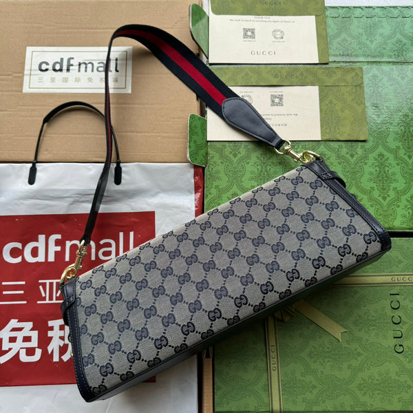 BORSA A TRACOLLA LUCE MEDIA 36 IN TELA GRIGIO CHIARO E BORDI IN PELLE DI VITELLO NERA, FERRAMENTA ORO