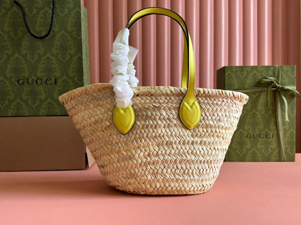 BORSA TOTE PICCOLA 20 CON LOGO IN PAGLIA COLOR NATURALE E MANICO IN PELLE DI VITELLO GIALLA