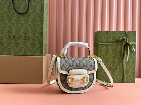 Gucci Horsebit Bag Ebony Mix White Leather 239813