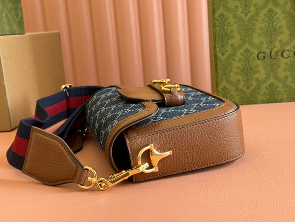 Gucci Horsebit Bag Blue mix Brown Leather Canvas 244253