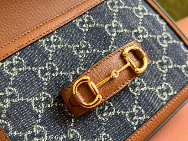 Gucci Horsebit Bag Blue mix Brown Leather Canvas 244253