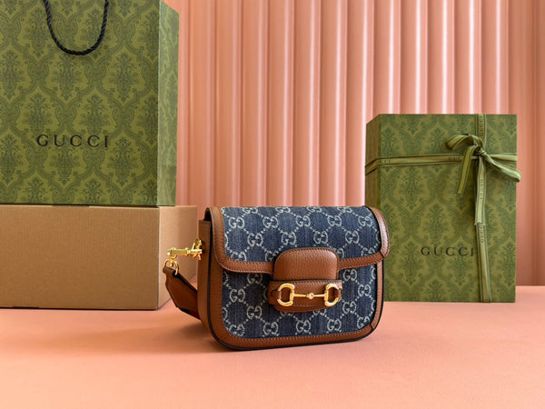Gucci Horsebit Bag Blue mix Brown Leather Canvas 244253