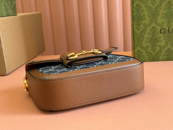 Gucci Horsebit Bag Blue mix Brown Leather Canvas 244253