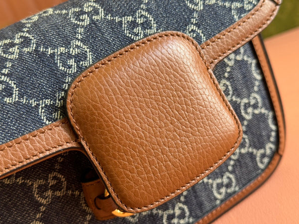 Gucci Horsebit Bag Blue mix Brown Leather Canvas 244253