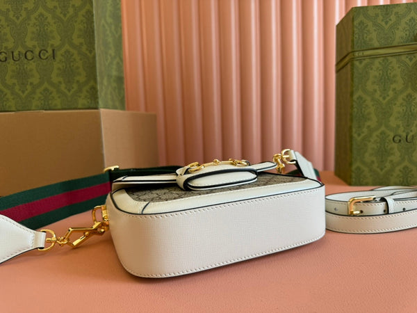 Gucci Horsebit Bag Ebony mix White Leather Canvas 244256