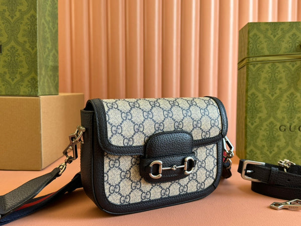 Gucci Horsebit Bag Ebony Blue Black Leather Canvas 244258