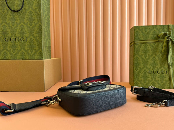 Gucci Horsebit Bag Ebony Blue Black Leather Canvas 244258