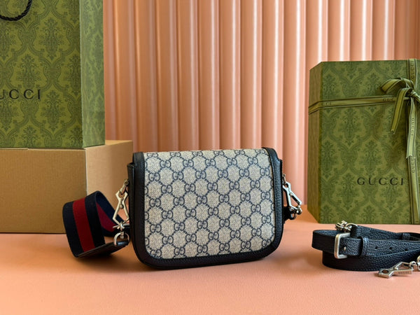 Gucci Horsebit Bag Ebony Blue Black Leather Canvas 244258