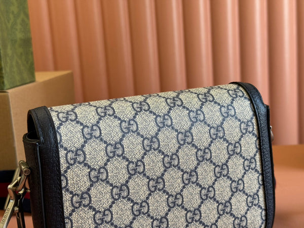 Gucci Horsebit Bag Ebony Blue Black Leather Canvas 244258