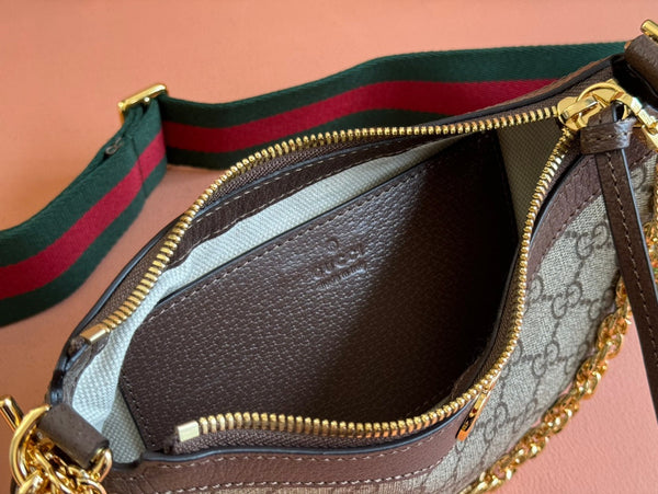 BORSA A TRACOLLA PICCOLA OPHIDIA 25 IN TELA BEIGE EBANO E PELLE DI AGNELLO MARRONE SCURO, FERRAMENTA ORO