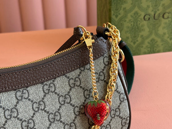 BORSA A TRACOLLA PICCOLA OPHIDIA 25 IN TELA BEIGE EBANO E PELLE DI AGNELLO MARRONE SCURO, FERRAMENTA ORO