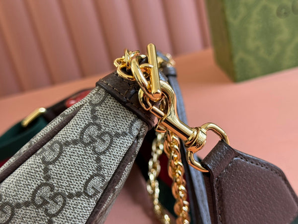 BORSA A TRACOLLA PICCOLA OPHIDIA 25 IN TELA BEIGE EBANO E PELLE DI AGNELLO MARRONE SCURO, FERRAMENTA ORO