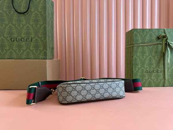 BORSA A TRACOLLA PICCOLA OPHIDIA 25 IN TELA BEIGE EBANO E PELLE DI AGNELLO MARRONE SCURO, FERRAMENTA ORO