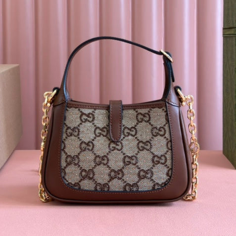 Borsa Gucci in pelle e tela con strass color marrone mix ebano 248592