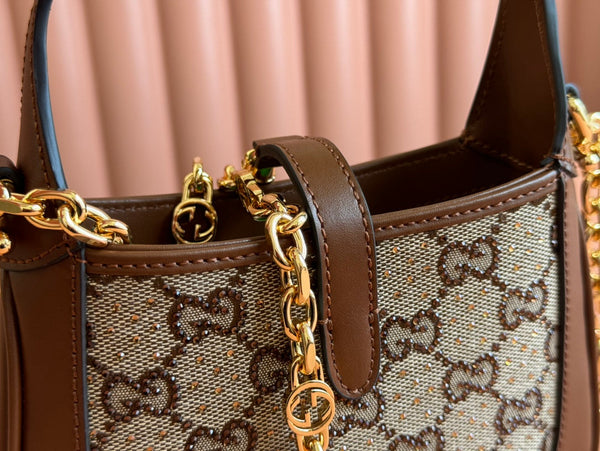 Borsa Gucci in pelle e tela con strass color marrone mix ebano 248592