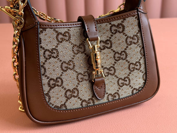 Borsa Gucci in pelle e tela con strass color marrone mix ebano 248592