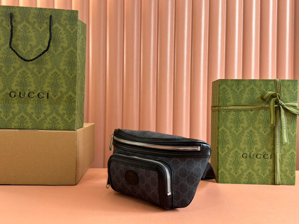Borsa a tracolla Gucci Interlocking G in pelle nera e tela 248163