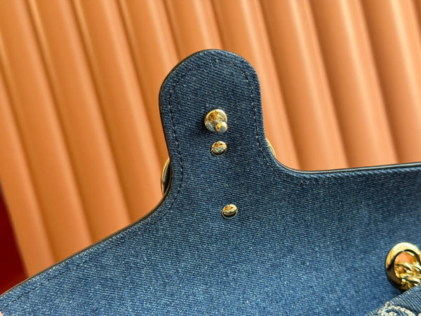 BORSA A TRACOLLA MARMONT 26 IN DENIM BLU CON MOTIVO DOPPIA G CON CRISTALLI E FERRAMENTA ORO