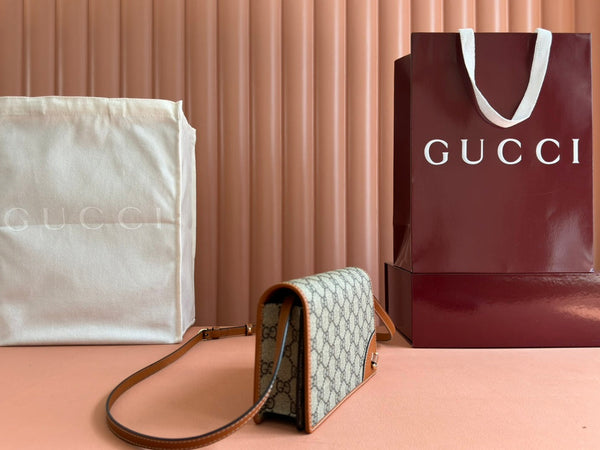 Gucci Emblem Mini Shoulder Bag Beige Brown Canvas Leather 244486