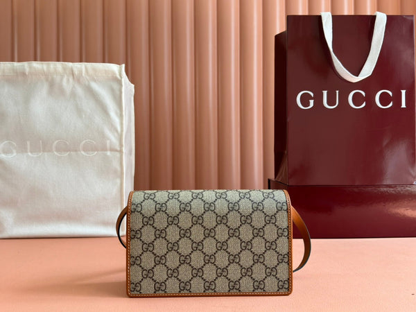 Gucci Emblem Mini Shoulder Bag Beige Brown Canvas Leather 244486