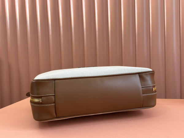 BORSA BEAU CON MANICO 34 IN TELA BIANCA E FINITURE IN PELLE DI VITELLO MARRONE NOCE