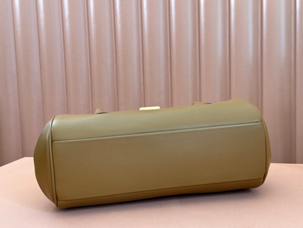 BEAU TOP HANDLE BAG 28 IN CHOCOLATE BROWN GLOSSY CALFSKIN GOLD HARDWARE