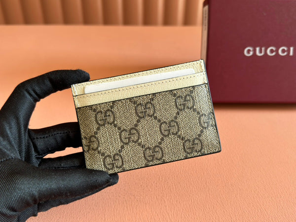 Portafoglio porta carte Gucci Ophidia in pelle di tela beige ebano 239964