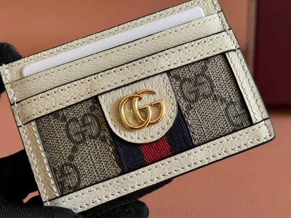 Portafoglio porta carte Gucci Ophidia in pelle di tela beige ebano 239964