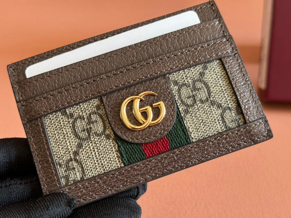 Portafoglio porta carte Gucci Ophidia in tela e pelle marrone ebano 239965