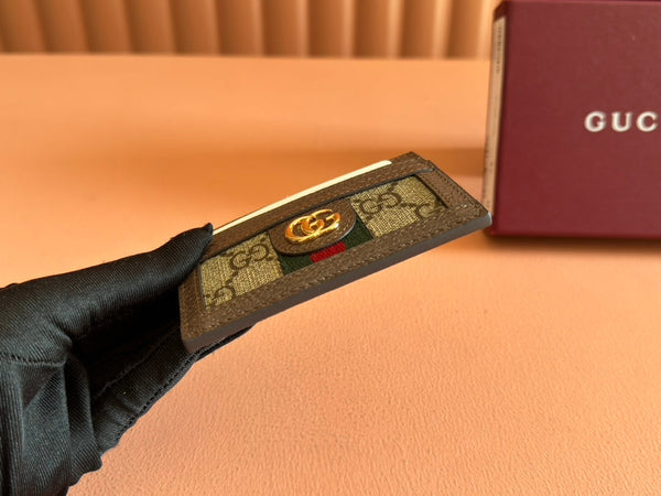 Portafoglio porta carte Gucci Ophidia in tela e pelle marrone ebano 239965