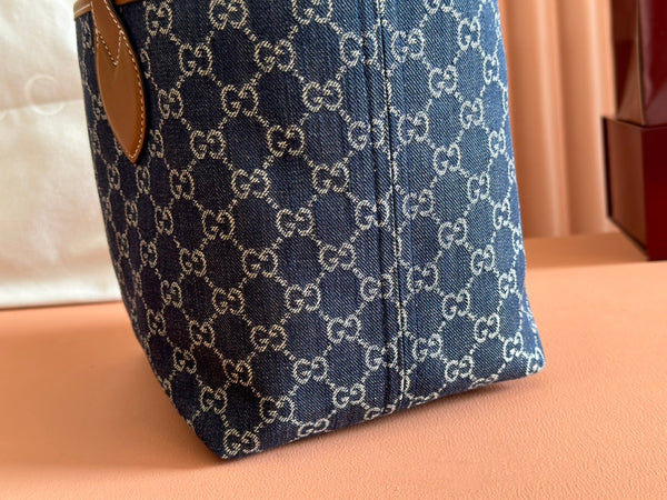 Sac cabas Gucci Totissima 22 cm mélange de denim bleu et cuir marron 248432