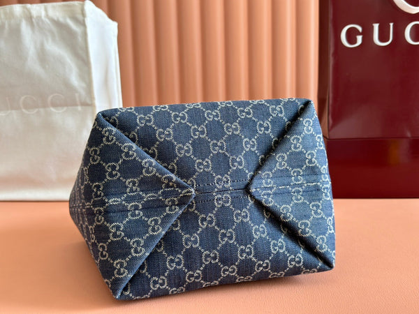 Sac cabas Gucci Totissima 22 cm mélange de denim bleu et cuir marron 248432