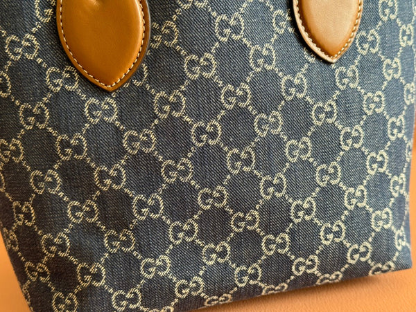 Sac cabas Gucci Totissima 22 cm mélange de denim bleu et cuir marron 248432
