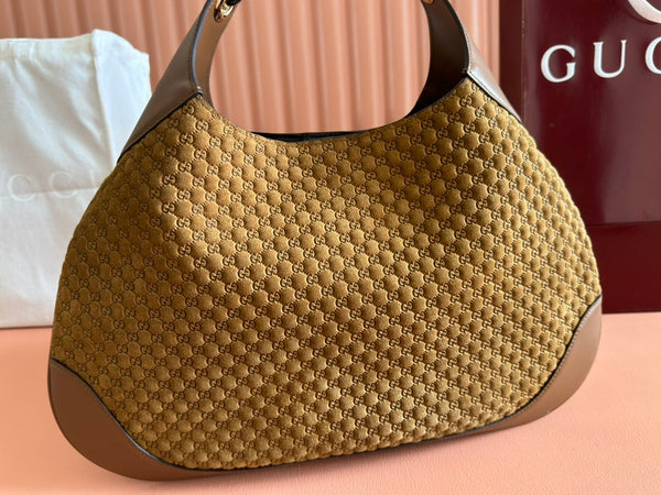 Gucci Body Double Lock Handbag Brown Velvet Embossed Leather 244512