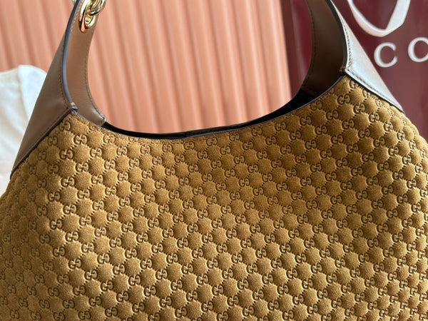 Gucci Body Double Lock Handbag Brown Velvet Embossed Leather 244512