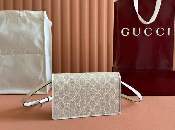 Gucci Emblem Mini Shoulder Bag Beige Canvas Leather 244542