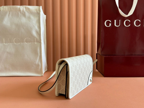 Gucci Emblem Mini Shoulder Bag Beige Canvas Leather 244542