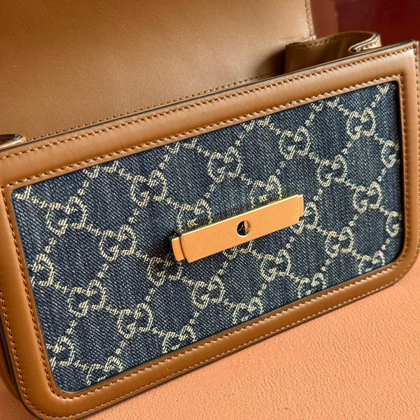 Gucci GO Small Shoulder Bag Brown mix Blue Leather Canvas 248117