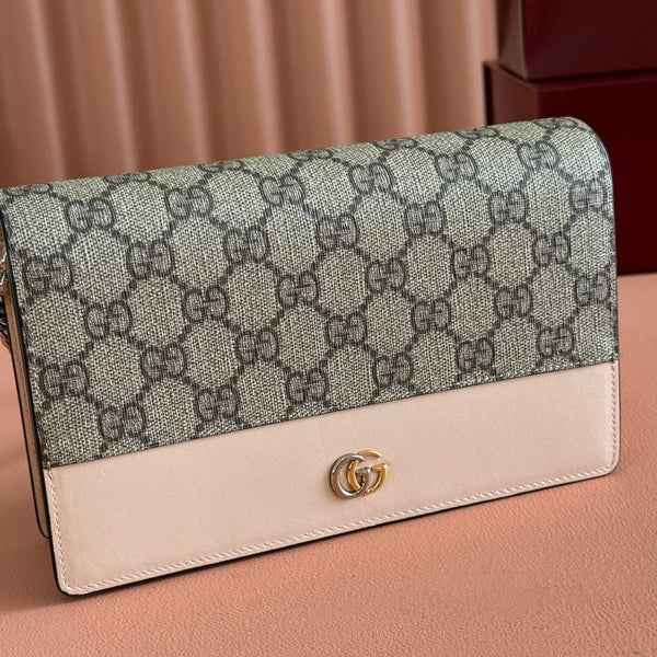 Gucci Marmont Chain Wallet Ebony mix Beige Leather Canvas 255315