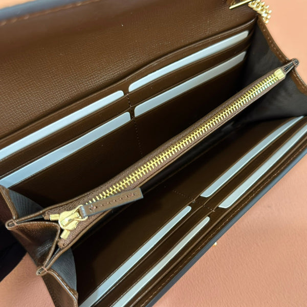 Portafoglio Gucci Jackie Chain in tela e pelle marrone ebano 255174