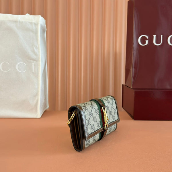 Portafoglio Gucci Jackie Chain in tela e pelle marrone ebano 255174